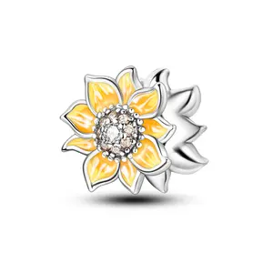 MULA 925 silver-plated sunflower beads | Vivid yellow enamel and sparkling zircon | Nature-inspired jewelry | Suitable for Pandora bracelets and necklaces | Elegant gift for women and flower lovers