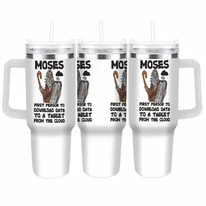 Moses Car Tumbler First Person to Download Data to a Tablet from the Cloud Funny Biblical Tech Humor Quote Insulated Stainless Steel Travel Mug with Handle Office Geek Birthday Gift 40oz 30oz 20oz