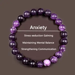 Amethyst Anxiety Bracelet – Handmade Stress Relief Calming Jewelry for Men Women, 8mm Mental Balance Stone Beaded Gift for Anxiety Awareness