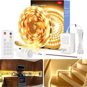 LED Strip Lights, Motion Sensor Light Strip with Remote and Adapter, Night Light, Dimmable Function, 16.4ft Tape Lighting for Kitchen, Under Cabinet, Bedroom, Shelf, Bed, 3000K Warm White