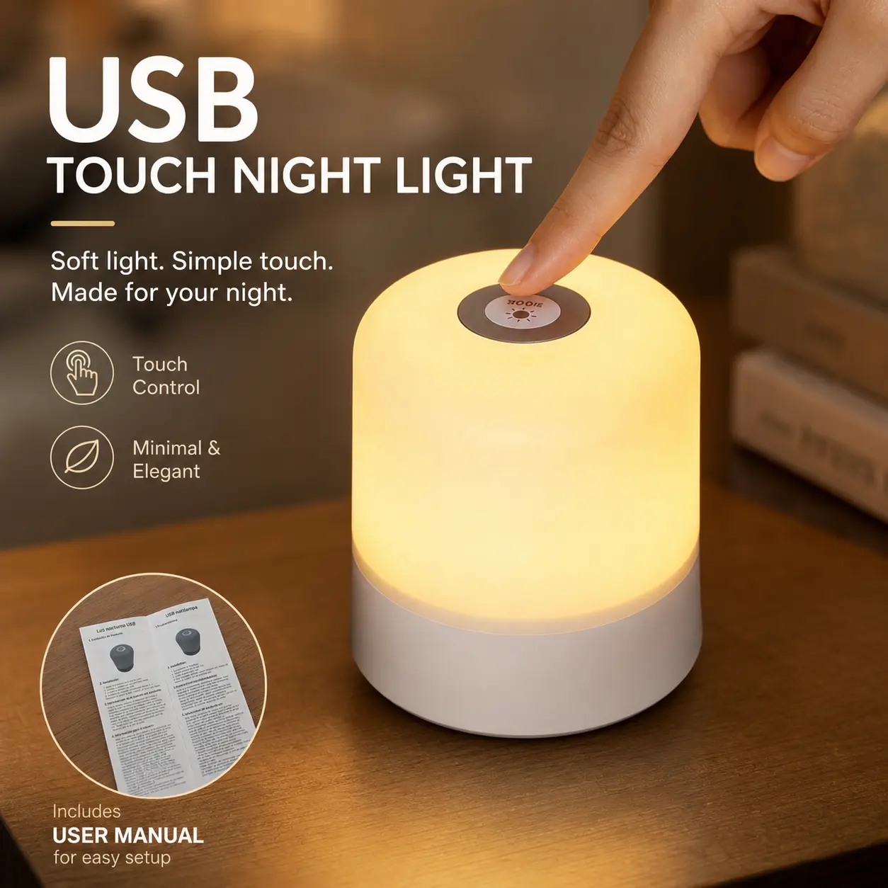 USB Touch Night Light - Soft Light Simple Touch Minimal & Elegant Design with User Manual for Easy Setup