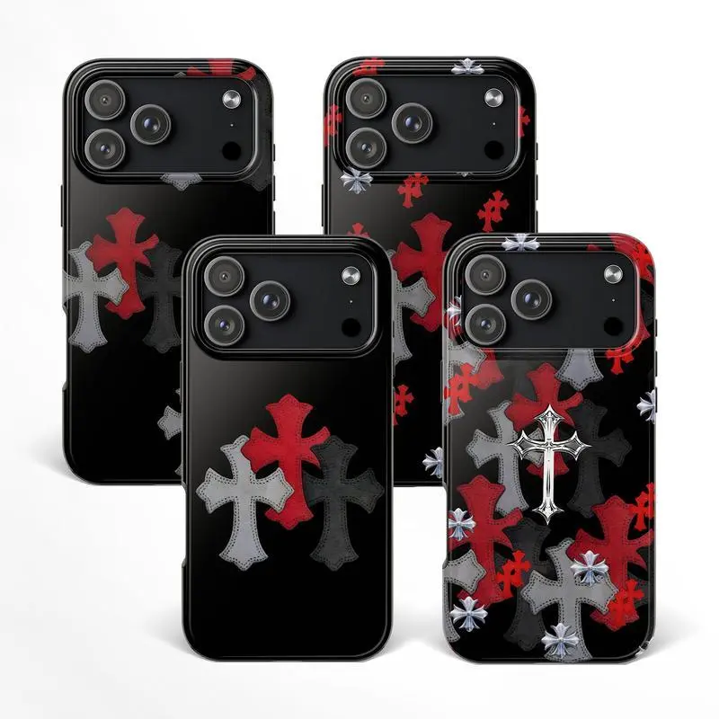 Tough Phone case Luxury Chrome Hearts Cross Cover Black & Red Chrome Heart Phone Case for iPhone 17 Pro Max 17 Pro 17 16 15 14 13 12 11 Series Protective