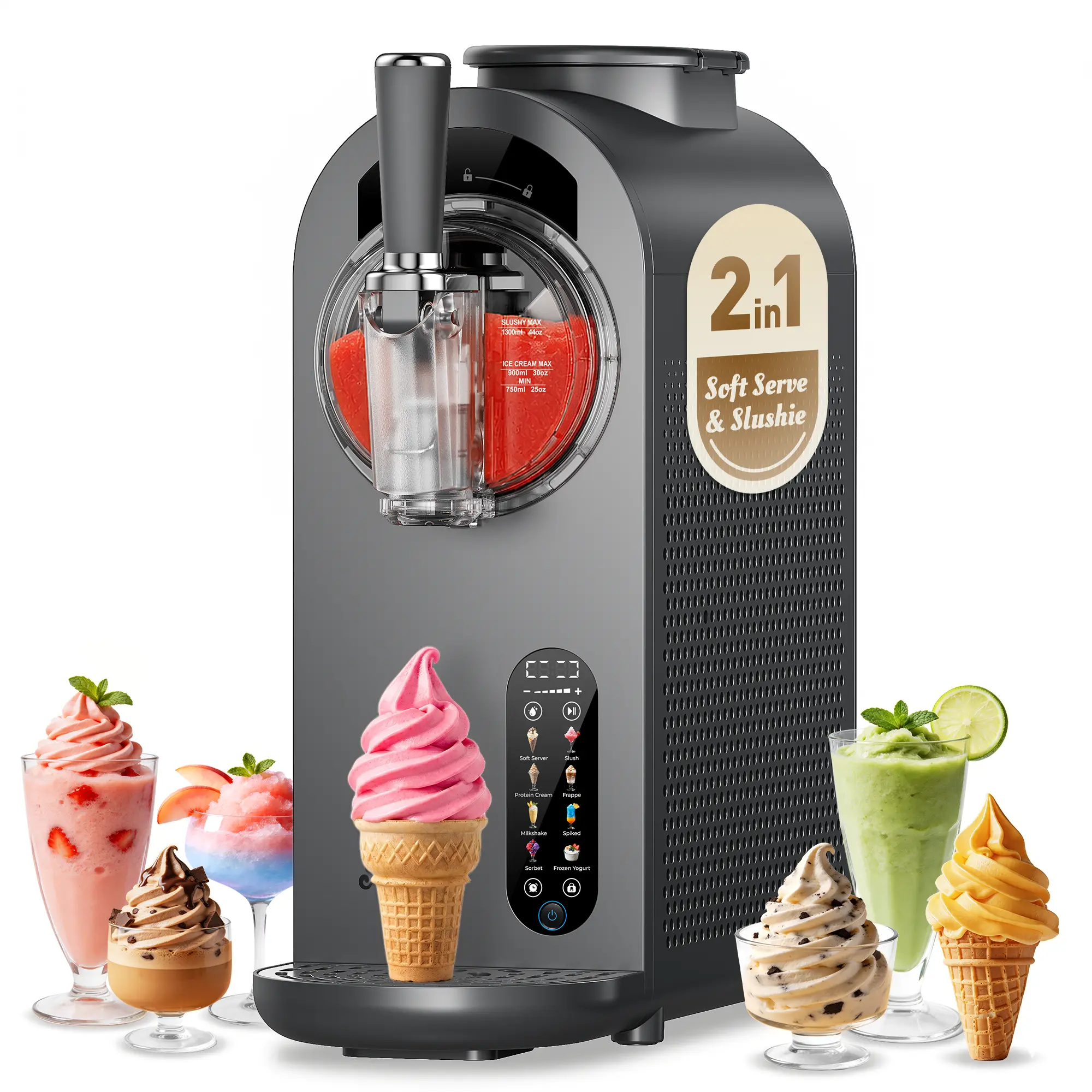 [Upgraded Version] 2-in-1 Slushie & Soft Serve Ice Cream Machine, Stay Frozen for up to 12 Hours, No Ice Needed 35mins Flash Chilling Ice Cream Maker with 8 Presets, LED Display & Auto Clean for Home & Party giftideas