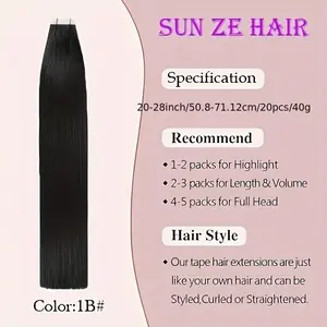 Wholesale 2025 NEW 20pcs 1B Black Brazilian Remy Human Hair Extensions - Seamless Tape-In, Straight, for All Women, 40g, 22-26-30 Inches, Adhesive