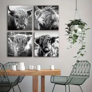 4-count wooden frame canvas set, black and white highland cow cute four-panel decorative poster, exquisite living room and bedroom decoration, modern and fashionable family poster, corridor wall hanging painting, waterproof art Print
