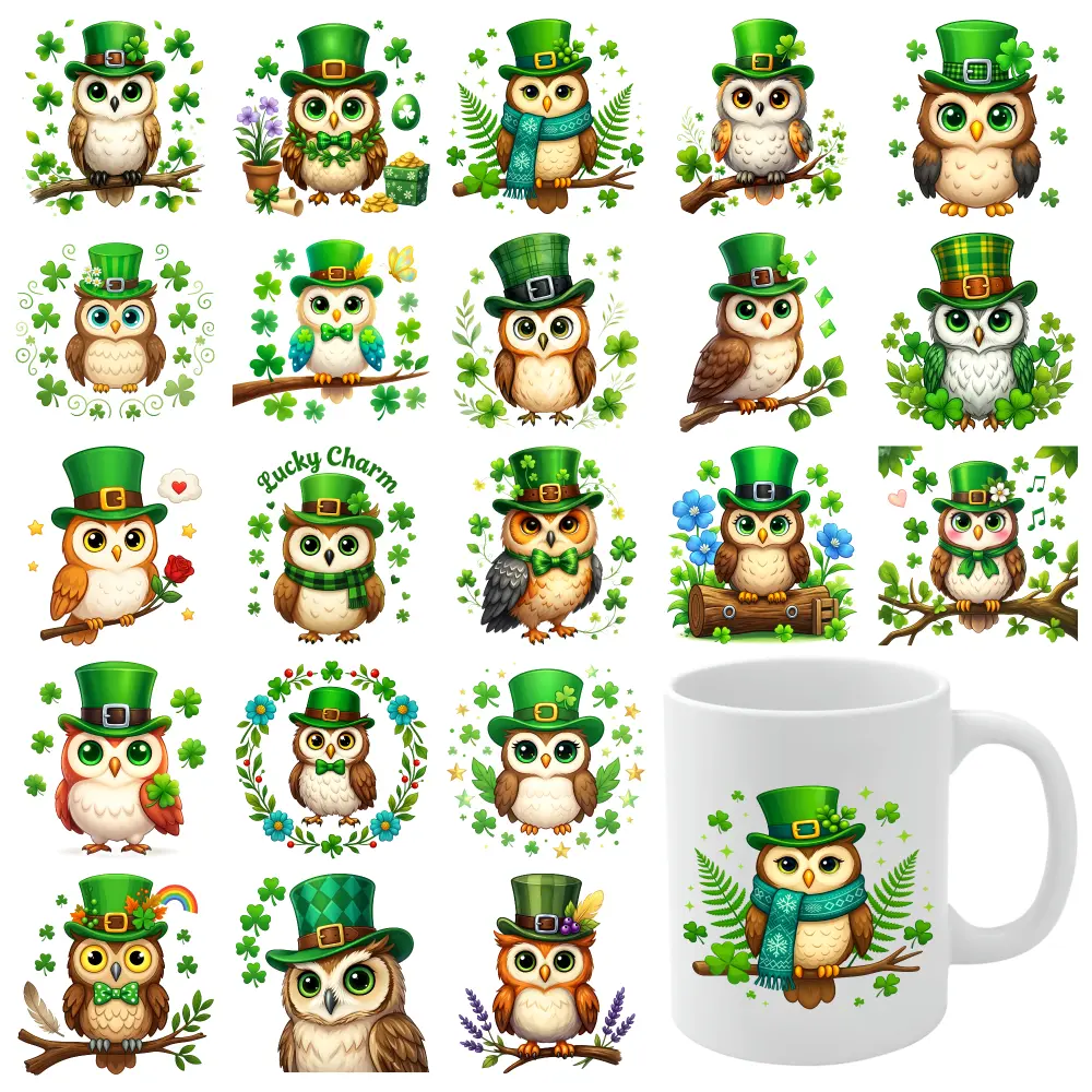 21 Pcs Owl Leprechaun UV DTF Stickers Cups Decoration UV DTF Transfer Stickers for Glass Cups Transfer Sticker Decal Waterproof Rub on Transfers Glass DTF Transfer Stickers