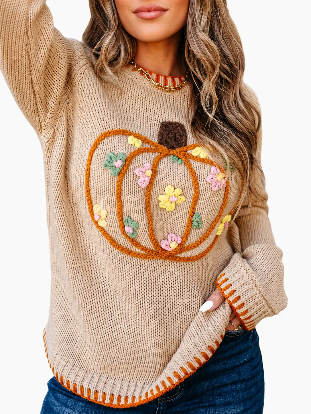 Women's Floral Pumpkin Embroidered Sweater 55% Acrylic Cotton Blend Crew Neck Long Sleeve Fall Pullover Top