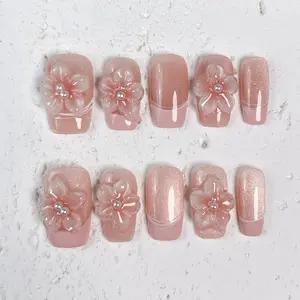 [Blush Petal] Medium Square Handmade Press on Nails, Fake Nails with Nail tool kit with Jelly Stickers, Reusable, Durable