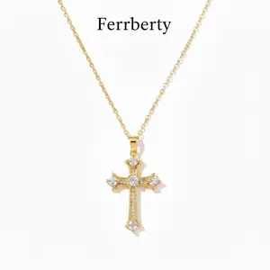 Ferrberty x Lyrasses 14K Gold Cross Necklace, Dainty Simple Elegant Pendant With Sparkling Diamond & Enamel, Hypoallergenic Brass Jewelry, Dazzling for Party & Daily Wear, Perfect for BlackFriday, Christmas, MothersDay, Halloween, New Year Gift