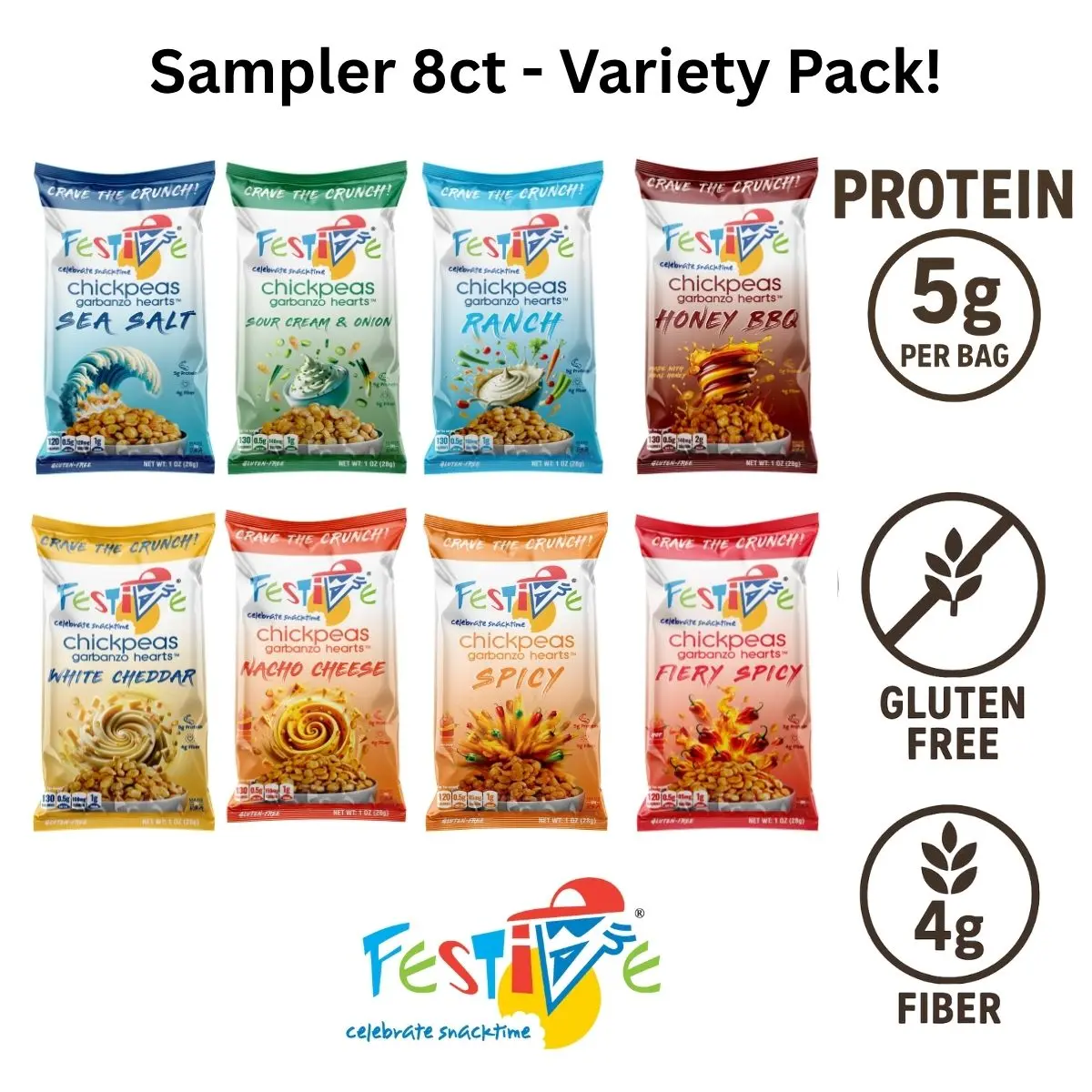Festive Snack Festive Roasted Chickpeas Sampler Pack 8ct Nut-Free Non-GMO Vegan Soy-Free Variety BBQ Ranch Sour Cream Sea Salt Spicy Fiery Spicy Nacho Cheddar
