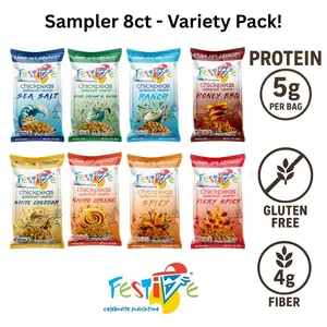 Festive Snack Festive Roasted Chickpeas Sampler Pack 8ct Nut-Free Non-GMO Vegan Soy-Free Variety BBQ Ranch Sour Cream Sea Salt Spicy Fiery Spicy Nacho Cheddar