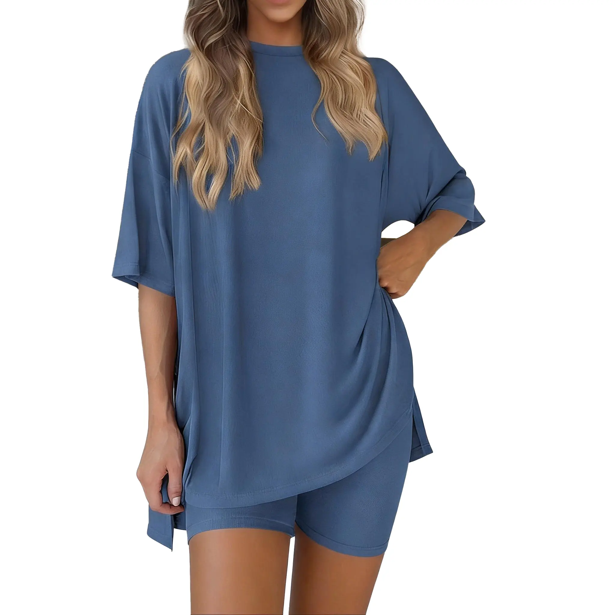 Women Summer Lounge Set Oversized Crewneck Tee Biker Shorts Pockets Casual Two Piece Beach Co Ord Gray