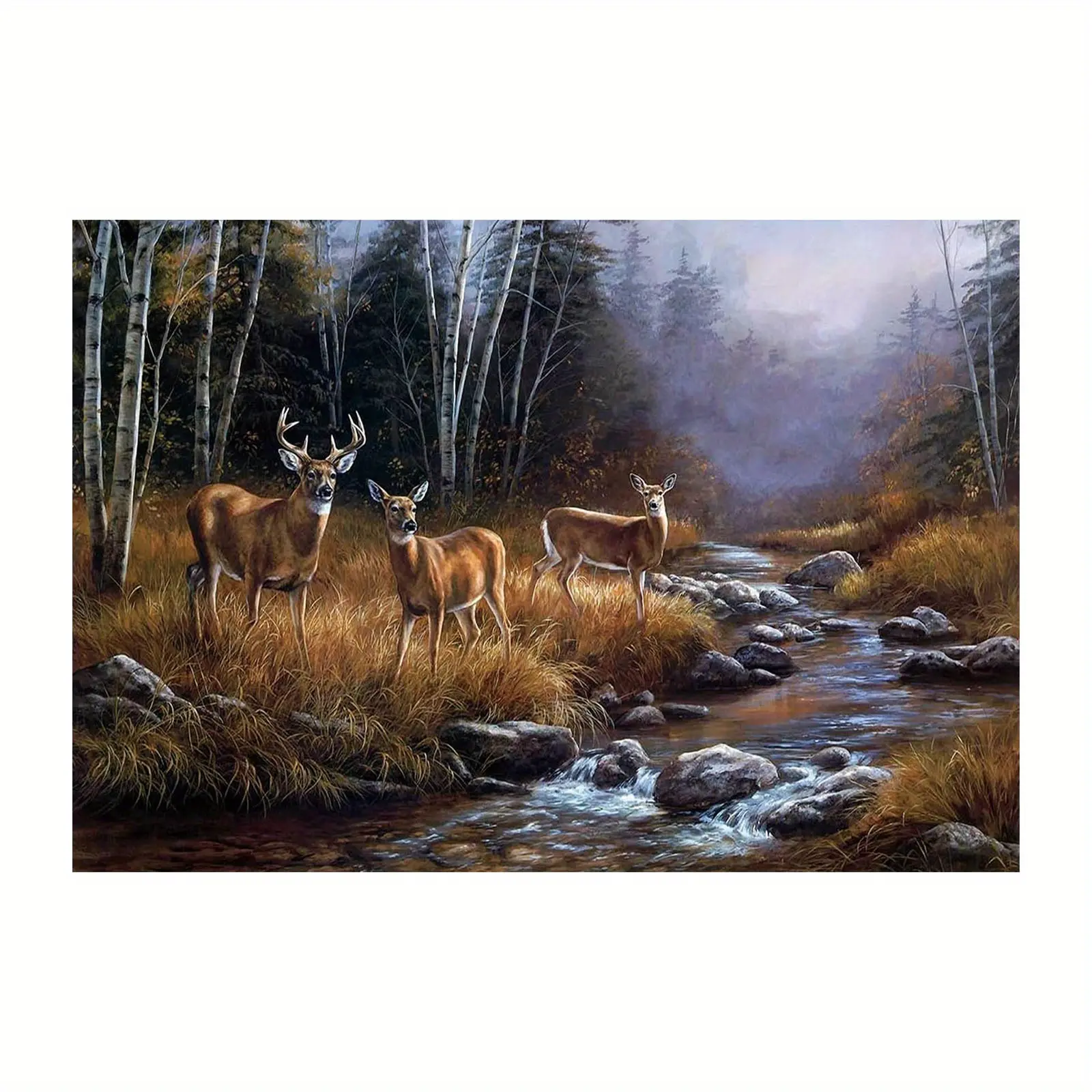 Yellow Landscape Canvas Wall Art - Printed Oil Painting with Deers, Flowers, Tree - Modern Decorative Room Decor for Living Room, Bedroom, Decoration