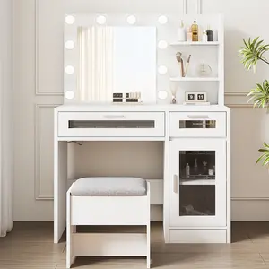 Vanity Desk Set with Round Mirror, Vanity with Lights, Makeup Vanity with Mirror, 3 Lighting Modes, for Bedroom