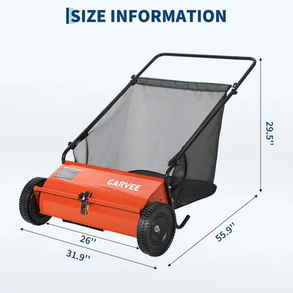 [NEW PRODUCT - FLASH SALE] Garvee 26-Inch Push Lawn Sweeper, Walk-Behind Leaf & Grass Collector with 4 High-Speed Brushes, 7 Cu. Ft. Hopper, Heavy-Duty Yard Sweeper for Lawn, Patio & Driveway, Orange