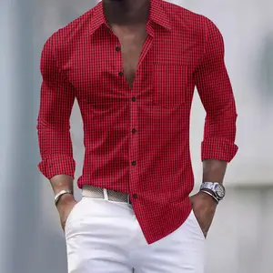 Men's Checked Slim-Fit Long-Sleeve Fabric Cardigan Shirt with Pocket, Cotton-Polyester Business Casual Top