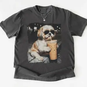 Shihh Tzuu Drinking Iced Coffee Shirt, Dog Owner Gift, Funny Animal Meme Tshirt, Vintage Photo Tee