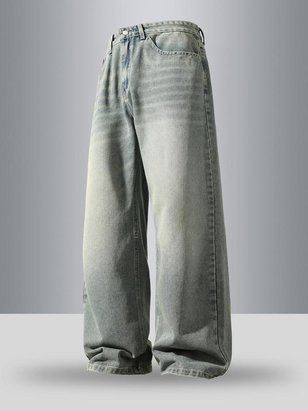 Men's vintage washed loose straight-leg jeans, casual four-season street style, zipper fly, solid color pattern, daily wear denim pants. If you prefer a looser fit, order one size larger.