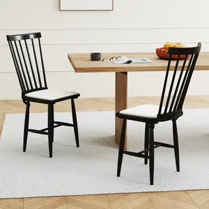 COSTWAY - Dining Chairs Set of 2 Farmhouse Solid Rubber Wood Windsor Chairs with Removable Seat Cushions-Black
