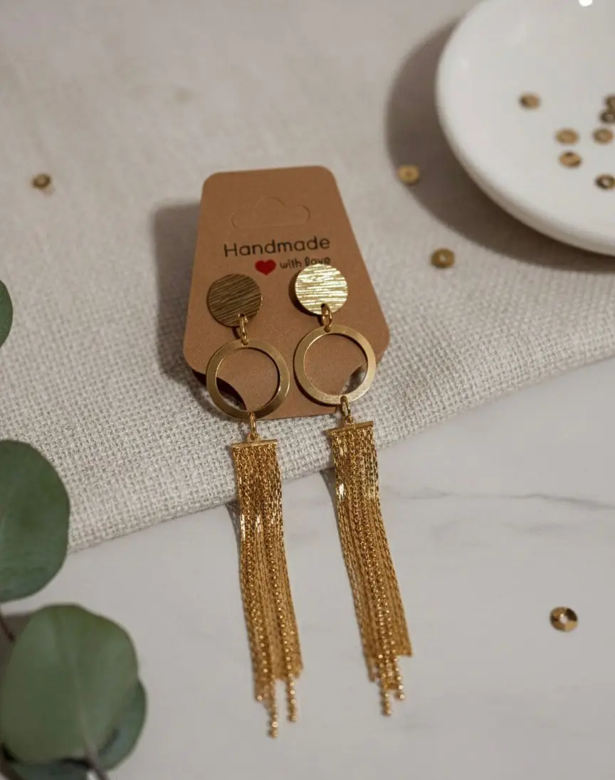 Handmade Long Gold Fringe Earrings with Textured Metal
