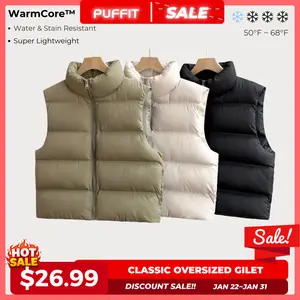 【Clearance】PUFFIT WarmCore Premium Women's Solid Drawstring Pocket Zip Up Puffer Gilet Vest, Warm Casual  Sleeveless Outerwear for Fall & Winter Daily Wear