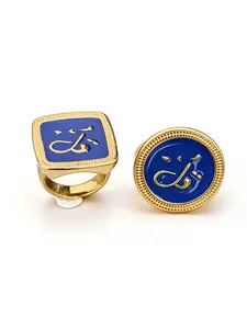 2pcs Vintage Arabic Calligraphy Ring for Men, Real Gold Plated Stainless Steel Blue Enamel Signet Ring, Islamic Muslim Jewelry, Waterproof Hypoallergenic Personalized Gift for Men Women