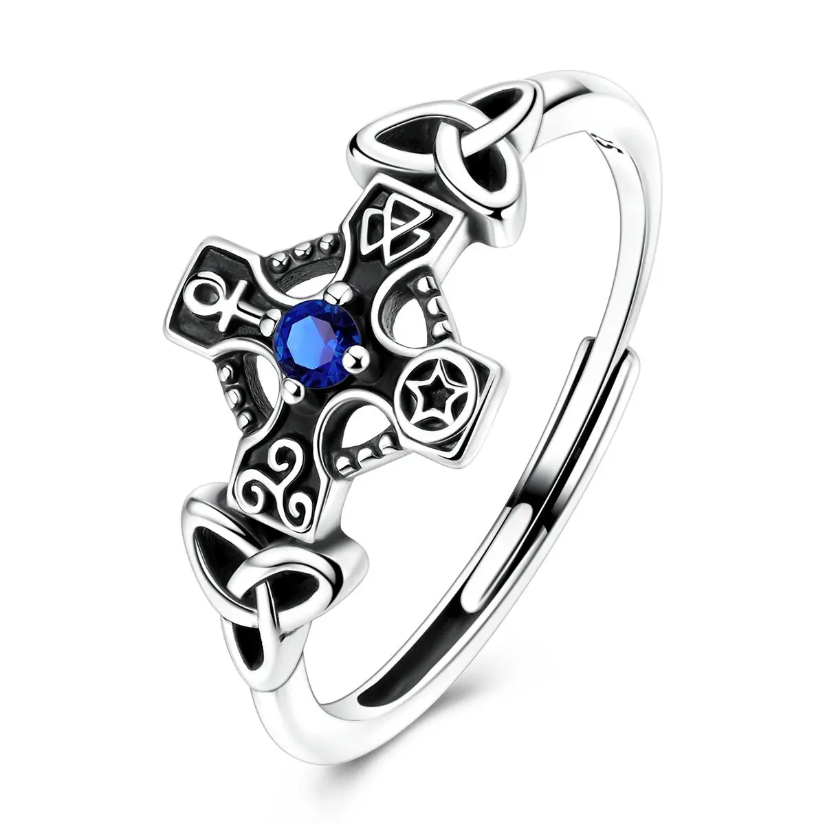 LAZA Vintage 925 Sterling Silver Celtic Knot Ring, Unisex Adjustable Open Band with Blue Cubic Zirconia, Irish Protection Amulet with Oxidized Finish, Father's Day Gift for Adults, Open Back