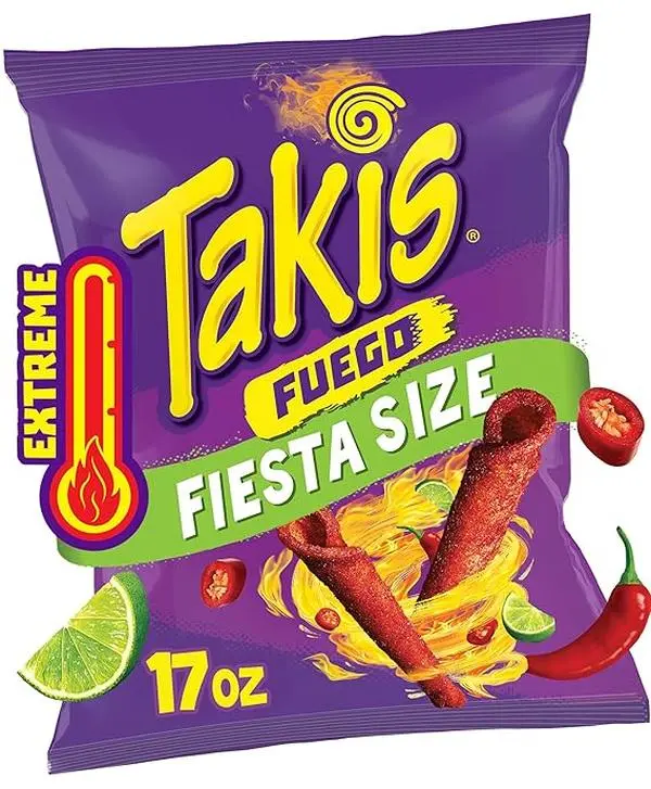 Fuego 17 oz Fiesta Size Bag, Hot Chili Pepper & Lime Flavored Extreme Spicy Rolled Tortilla Chips
