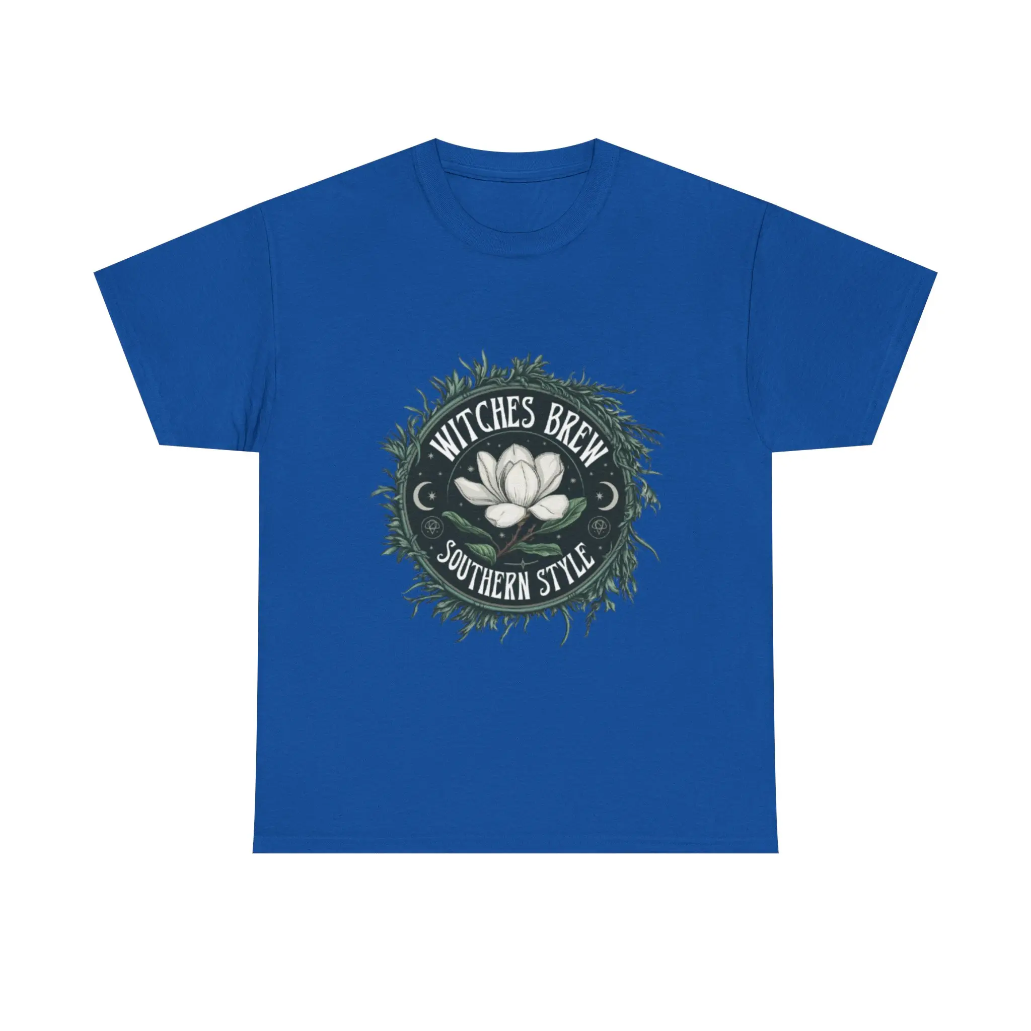 Men's Unisex Gothic Short-Sleeve Top - Witches Brew Southern Style Tee, Whimsigoth Lotus, Crescent Moon, Botanical Magnolia Witch Shirt, Shortsleeve, Botanical Print, Lotus Motif, Soft Cotton, Menswear, Southern Goth, T-Shirt, Machine Wash, Lotus Motifs