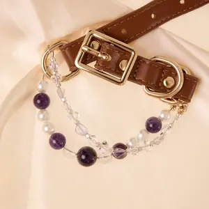 Double-Layer Natural Crystal Pet Collar with Amethyst Beads - Summer Vibe Healing Pet Jewelry Accessory, Elegant and Loyalty Choice, Precise Fit Collars