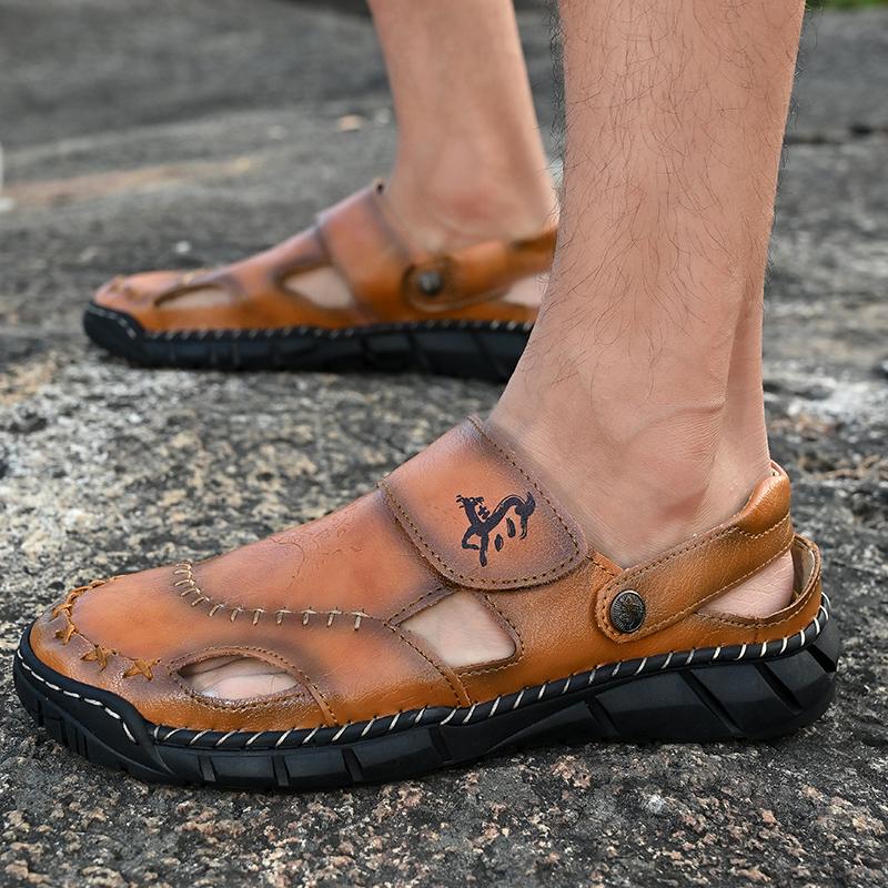 GREKS Men's Casual Hiking Beach Sandals Hand-Stitched Hollow Slip-on Wide Fit Non-Slip Breathable Dark Brown Black