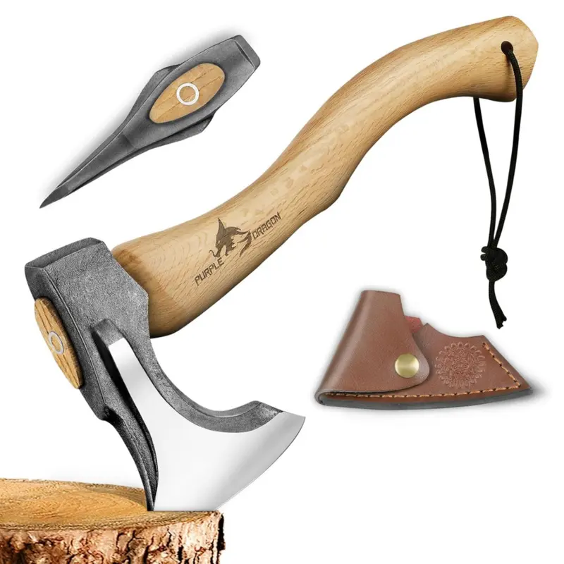 Purple Dragon Camping Hand Tool - Hickory Grip Cutting Tool with Leather Holster, Safety Design for Bushcrafting & Outdoor Use, Birthday Gift for Adults & Outdoor Fans