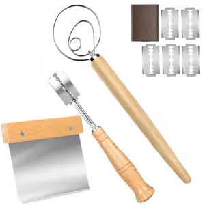 9.45 Inch Danish Dough Whisk Stainless Steel Hook with Long Wooden Handle,Dough Hook with Bread Scraper,.Essential Dough Whisk & Sourdough Bread Baking Supplies for Mixing, Whisking And Baking Pizza Dough.Sourdough Tools.Christmas Baking Gifts