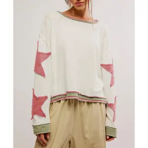 Women's Summer Loose T-Shirt Star Patch Long Sleeve Crew Neck Casual Tops Streetwear
