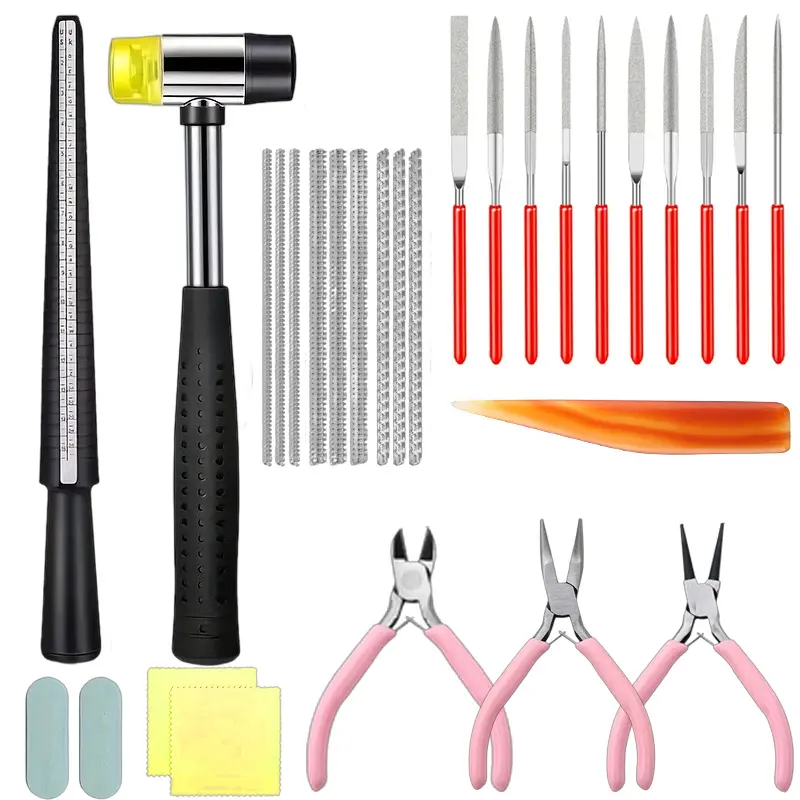 27PCS All-in-One Jewelry Tool Kit with Hammer, Ring Tools, Plastic Rods and Polishing Accessories for DIY Ring Shaping and Repair  , All-In-One Kit, 27-Piece
