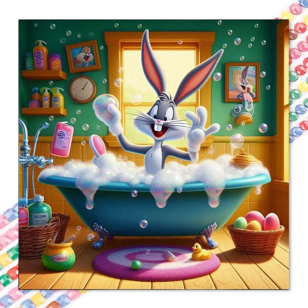 1 set of DIY diamond painting kit, 5D diamond art set, DIY decoration with rabbit, bathtub, and bubbles. Mosaic, diamond art, DIY art home decor, Bathroom Wall Art