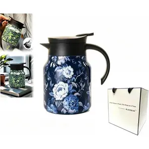 Vintage Floral Pattern Teapot with Infuser for Loose Tea, Stainless Steel Thermal Carafe with Lid for Hot Drinks (Blue, Plastic handle)
