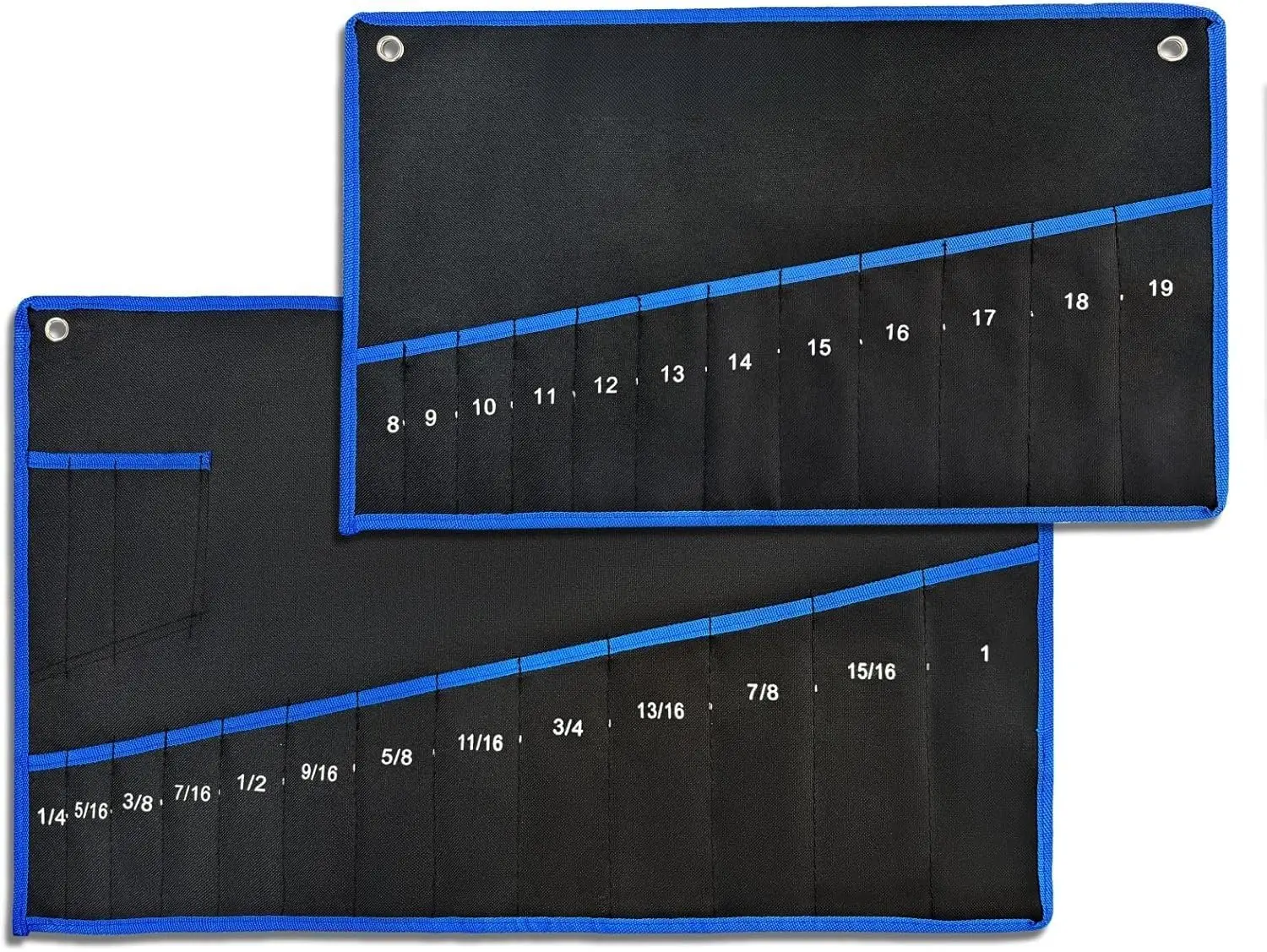 2-Pieces Tool Bag Durable Oxford Canvas Wrench Set Roll Pouches, Multi-Purpose Roll Up Tool Bag with Strap 12pockets metric+13pockets SAE (Not Including Tools)