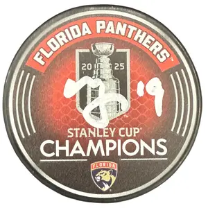 Matthew Tkachuk Autographed Florida Panthers (2025 Stanley Cup Champions) Logo Hockey Puck - JSA