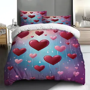 Three-piece bedding set, Decorative bedding set - 2D Flat Valentine's Day pink and red heart pattern duvet cover set (1 duvet cover + 1/2 pillowcases, no insert), soft and comfortable, suitable for family bedrooms and guest rooms