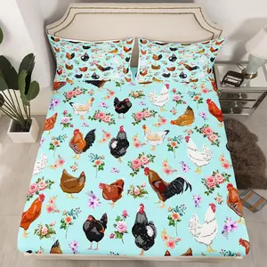 Feelyou Luxury Microfibre Bedroom Bedding Set - Hen Rooster & Floral Rose Print Fitted Sheets, Farmhouse Animal Decorative Bedsheet Sets for Room Decor