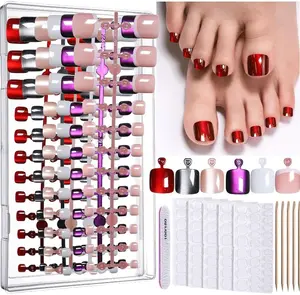 FANDAMEI Press on Toenails, 6 Colors Press On Toe Nails Short Square, French Tips Cat Eye Toe Press Ons for Women & Girls, Glossy Toe Fake Nails for Nail Art