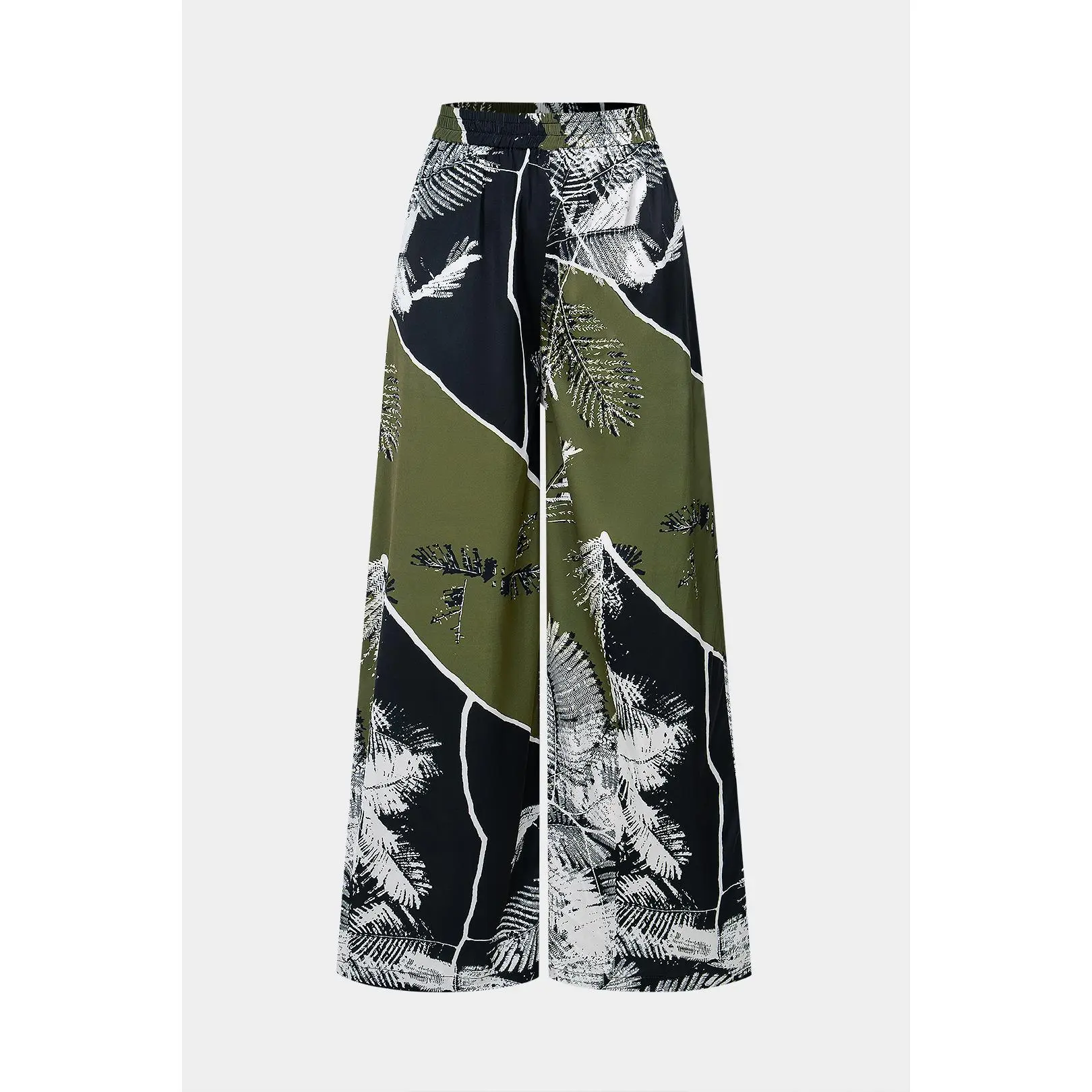 Women's Leaf Print Satin Polyester Trousers - Shirred Waistband, Loose Fit Wide Leg Full Length Lady Casual Wear Vacation Clothes Bottoms, Wide Legs