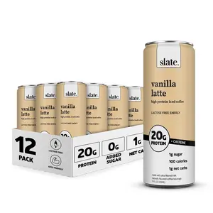 Slate Milk - High Protein Iced Coffee - Vanilla Latte - 175mg Caffeine, Lactose Free Energy - 20g Protein, 1g Sugar, 100 Calories, 1g Net Carbs, No Sugar Added - Protein Coffee - 11 fl oz, 12 Cans