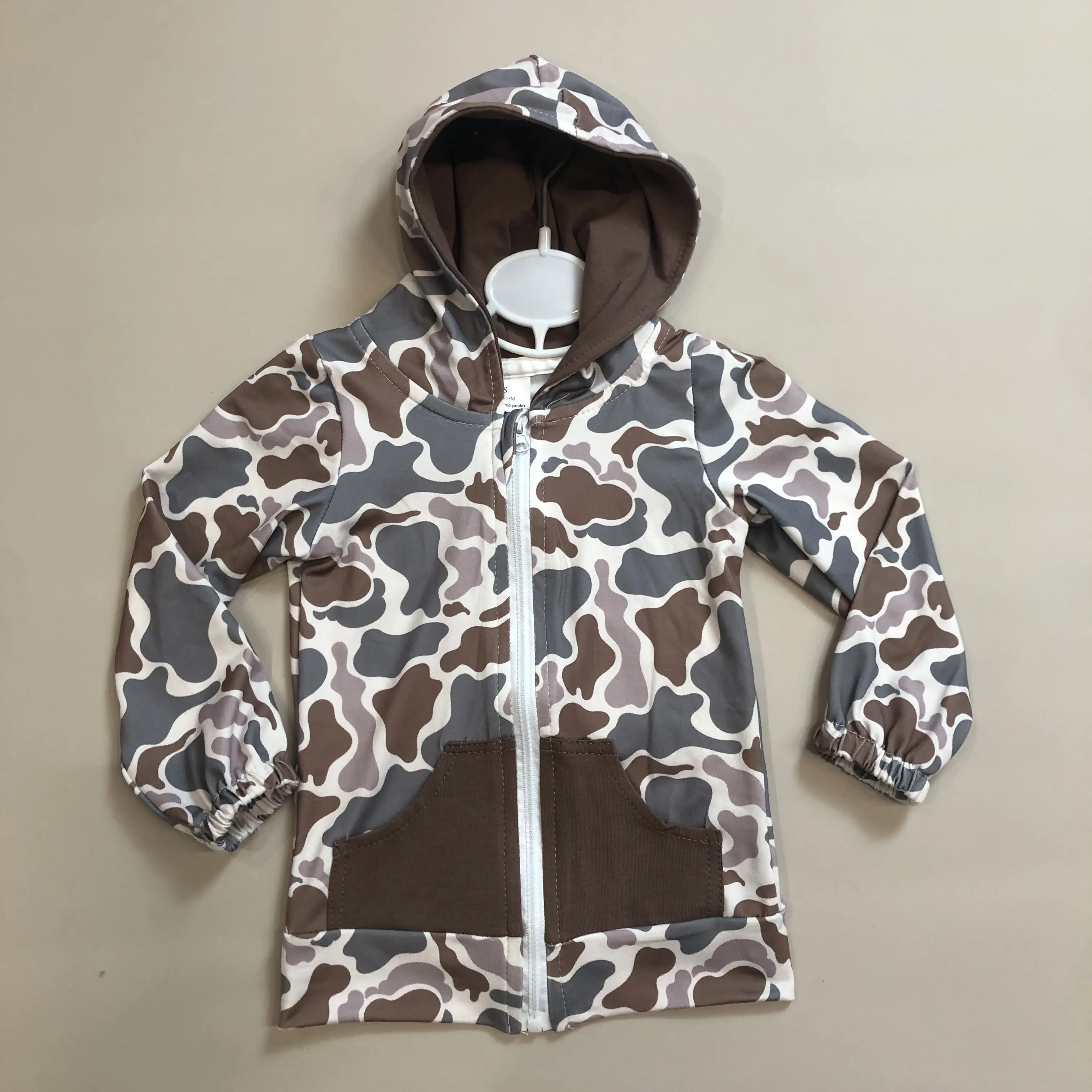 Boys' Hooded Brown Camouflage Cotton Blend Zip-Up Casual Jacket - Long Sleeve, Crew Neck, Loose Fit Hoodies for Cold Weather Kids' Outerwear, Casual Jackets, Cold Weather Coats