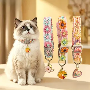 Colorful Lace Cat and Dog Collars, Harnesses, Adjustable Neck Accessories with Sunflower Heart or Lemon Pendants, Pet Everyday Wear for Small Dogs and Cats