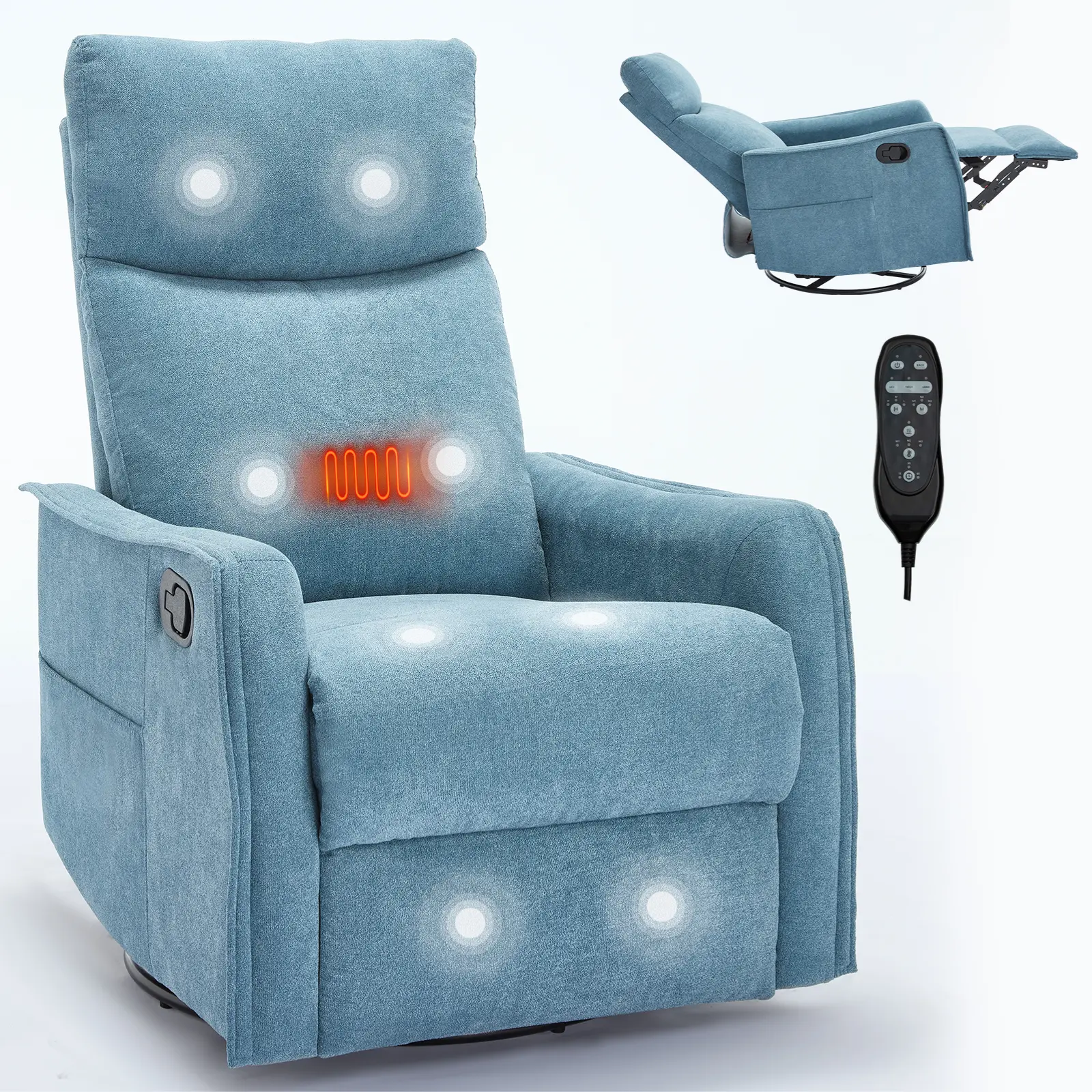 Blue Fabric Manual Recliner Chair, 360° Swivel Rocker Recliner with Vibration Massage & Lumbar Heat, 155° Reclining, No‑Tool Assembly for Living Room