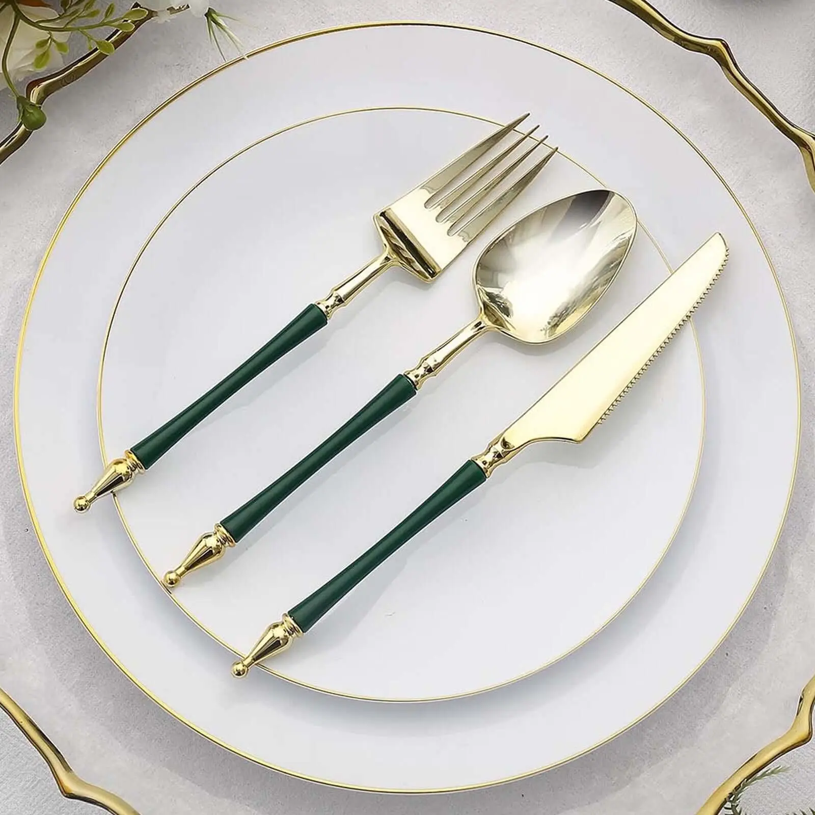 24-Pack Disposable Party Cutlery & Tableware Set - Gold/Hunter Emerald Green, Roman Column Handle, Glittered Plastic Forks, Spoons, Knives