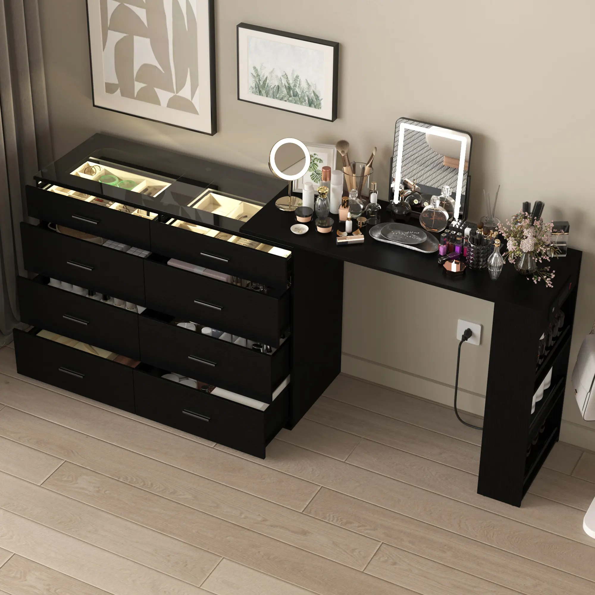 42''Glass Top Vanity Desk with LED Lights,Makeup Desk with Power Outlets,Makeup Vanity with 8 Drawers and 3 Open Storage Shelves,Extendable Modern Dressing Table for Girls Women Bedroom