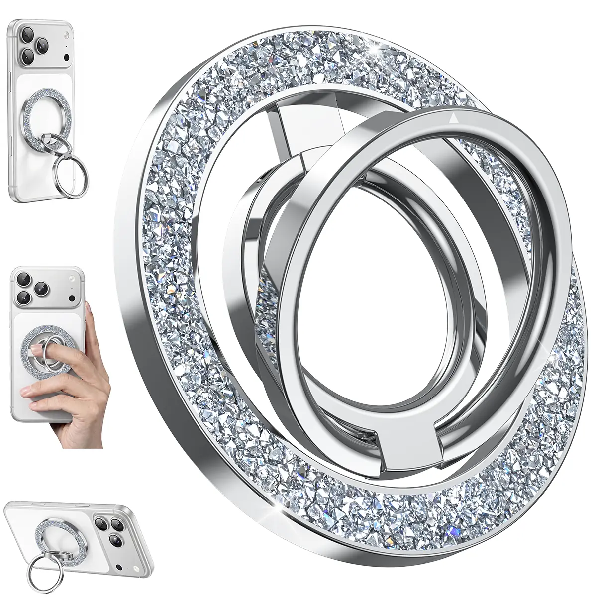Magnetic mobile phone holder, super strong magnets combined with shiny silver handle design | 360° rotating durable gear hinge, iPhone 17/16/15 Pro Max Air stylish suspension ring stand, MagSafe decorative accessories, adjustable stand, mobile phone grip